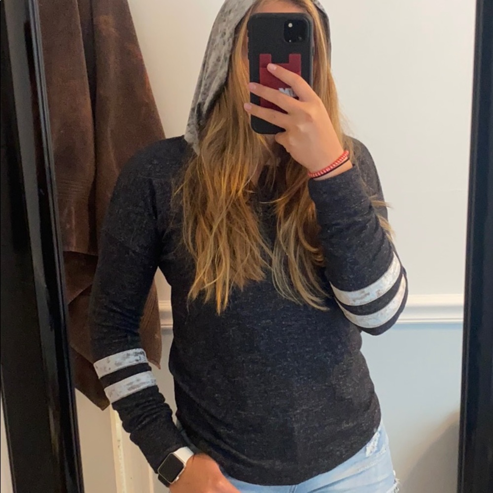 Super soft dark grey with velvet accents and hood